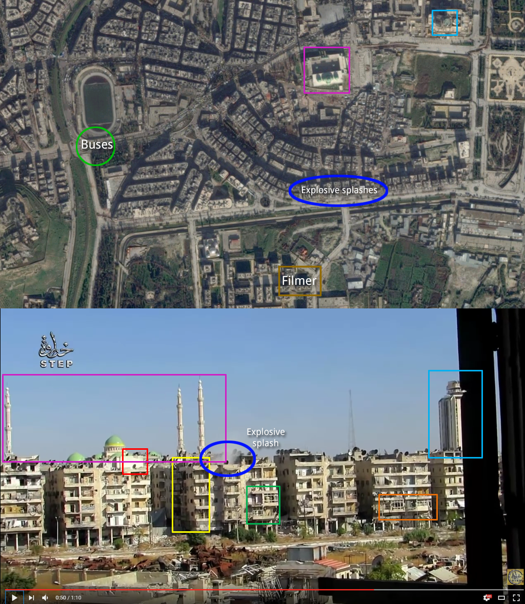 Figure 8 — Geolocation of the explosive splash shown in the Step News Agency video. (Courtesy: Step News Agency (video still); Google Earth (satellite imagery))