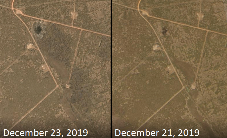 Burned area at the Unity oil spill, satellite imagery by Planet Labs