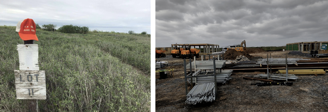 Images provided by Cards Against Humanity of ‘Lot 11’ (street address: 41176 Tarpon Bend Dr, Brownsville) show ‘before’ SpaceX’s arrival (left image) and ‘after’ (right image). Permission to use granted to Bellingcat