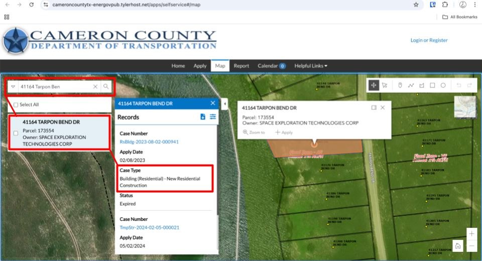 Screenshot of database: Red boxes show our search for the address 41164 Tarpon Ben, to which a residential building permit was issued to the owner, SpaceX. We found two more permits issued to 41208 and 41186 Tarpon Ben, both parcels belonging to SpaceX.