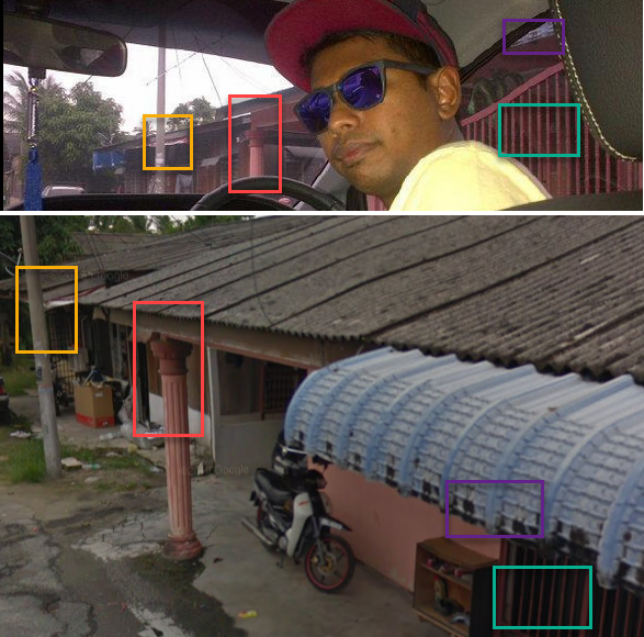 A comparison of two photos. 1. Putra Klang’s (Mohamad Ridzuan’s) selfie and 2. a Google Street View image from October 2017, showing the house identified by an angry customer and geolocated by Bellingcat.