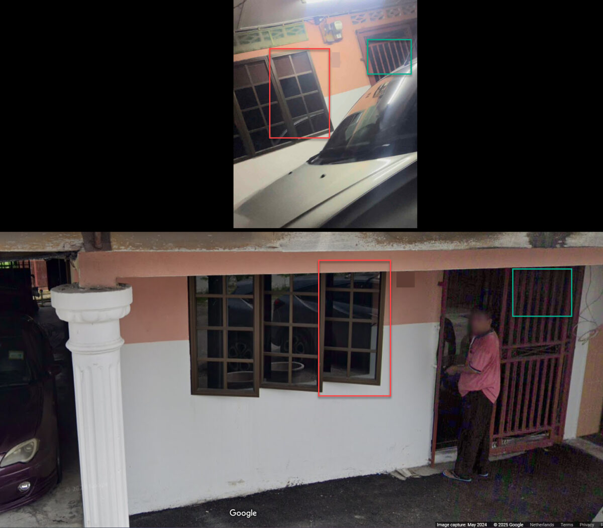 A comparison between the customer’s photo (top) and Google Street View (bottom). Small details match, such as the hinge on the front door and the height of the pink paint relative to the windows. House number blurred by Bellingcat.